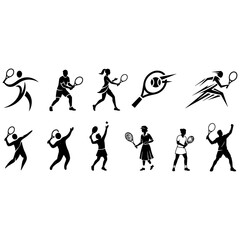 Obraz premium Black silhouette collection of people playing tennis and tennis racket icons set on display