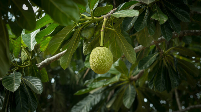 Photorealistic breadfruit on tree branch in lush garden, soft daylight