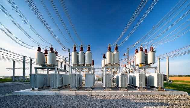 electrical transformers aligned at outdoor utility substation