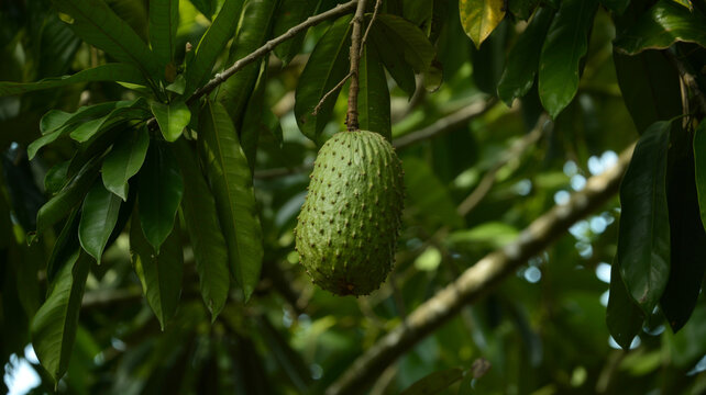 Photorealistic soursop fruit hanging from tropical tree, green foliage background