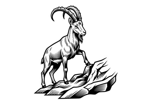 Mountain goat ibex buck vector illustration in black and white