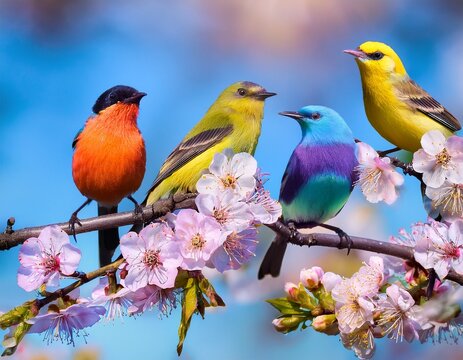 four colorful songbirds perched on flowering branch