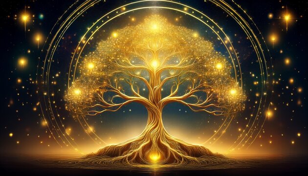 golden tree stands rooted in earth radiating light blossoming branches reach toward celestial symbols floating above roots extend deep anchoring the tree in glowing soil