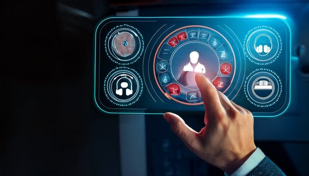 hand taps emergency plan on a digital interface buttons show safety evacuation and contacts screen glows with urgent organized response tools