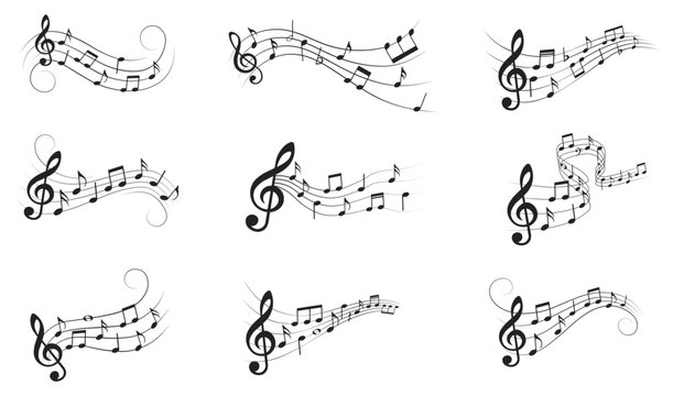 Musical notes and flowing music staff ornaments, decorative melody symbols for concert, music festival, album cover, poster, banner, invitation and creative design. Vector collection.