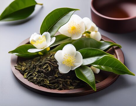 tea plant camellia sinensis with white blossoms fresh herbal tea leaves for brewing