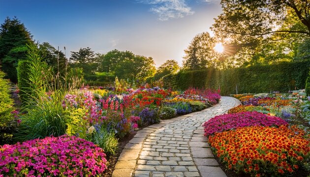 sunny garden path a colorful journey through blooming flowers the image shows a vibrant and colorful garden on a sunny day a winding stone pathway leads through lush flowerbeds filled with a variet