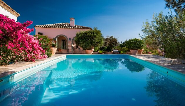 tranquil backyard oasis swimming pool colorful flowers and mediterranean architecture the image shows a serene backyard swimming pool on a sunny day the pool has clear blue water that reflects th