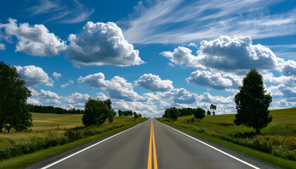 Fototapeta premium Empty two-lane road stretches through green countryside under a bright blue sky with fluffy clouds. Trees line both sides of the asphalt highway leading to the horizon
