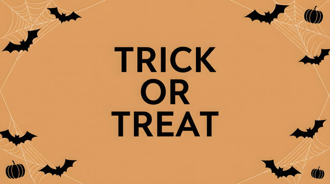 Halloween background featuring the text trick or treat surrounded by black bats and spider webs on orange