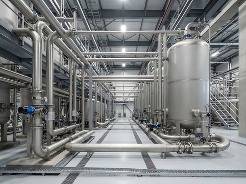 Industrial stainless steel piping and tanks in modern factory interior