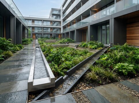 Modern apartment courtyard with water feature and lush garden