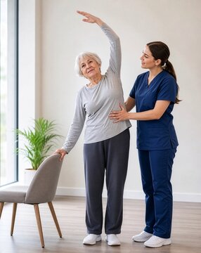 Physiotherapist helping a senior woman do stretching exercises, concept of physical therapy, rehabilitation, elderly care and healthy active aging