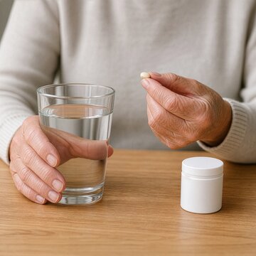 Senior person holding a pill and a glass of water at a table, concept of medication for elderly, health supplements, daily treatment and healthcare