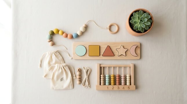 Montessori wooden learning toys with geometric shapes, colorful abacus, and bead string on a neutral linen background for early childhood development