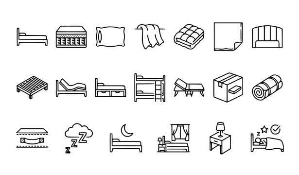 Bed Mattress Sleep and Bedroom Comfort Monoline Thin Outline Icons