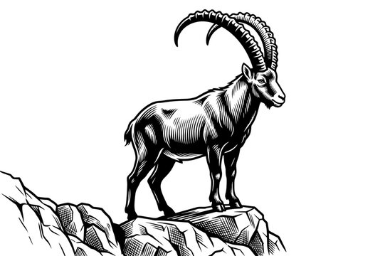 Mountain goat ibex buck vector illustration in black and white