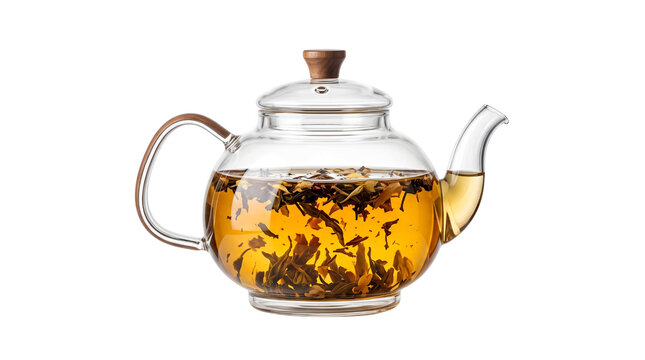 Clear glass teapot with brewed tea and loose leaf on white background