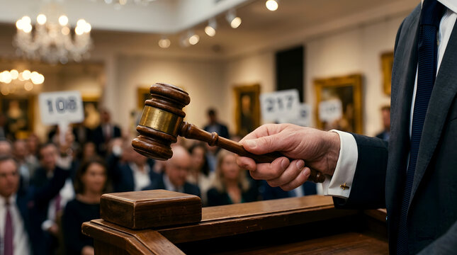 Professional auctioneer striking gavel at a lively public auction event