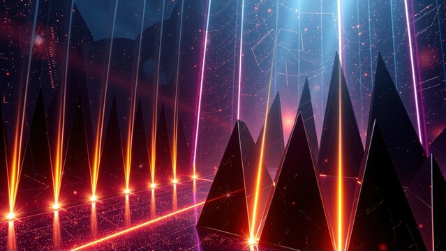 Dark futuristic landscape. Pyramids glow with vibrant neon light beams. Digital grid patterns create abstract background. Intense colors dominate scene.