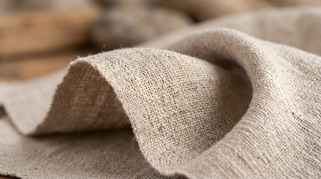 Natural Beige Linen Fabric Texture with Soft Fold Waves