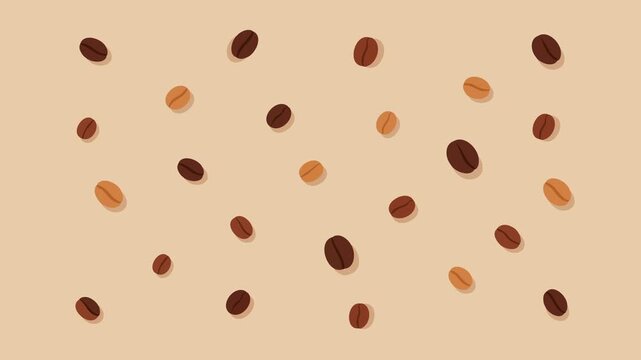 Coffee beans stay scattered across a warm beige background as individual beans burst outward in quick pops, creating a lively looping motion ideal for cafe promos, food visuals, and menu backgrounds.