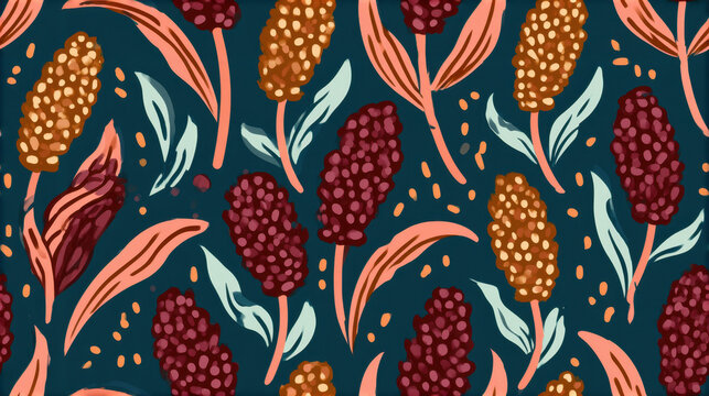 Playful seamless agricultural pattern with rounded burgundy and ochre sorghum heads, flowing coral leaves, mint foliage and scattered golden grains against a rich dark teal background