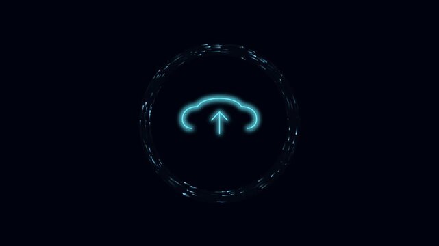 Neon cloud upload icon with glowing blue light particles on black background footage.