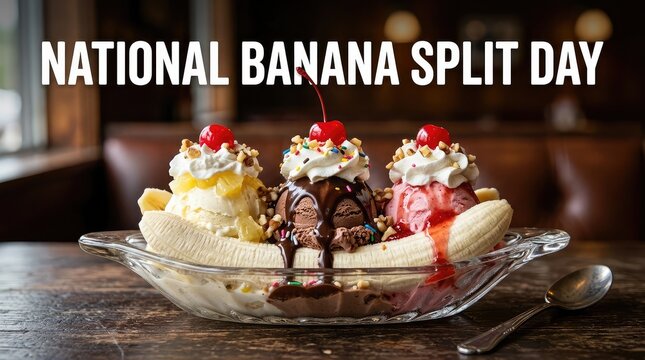 National Banana Split Day dark rustic diner background with ice cream sundae