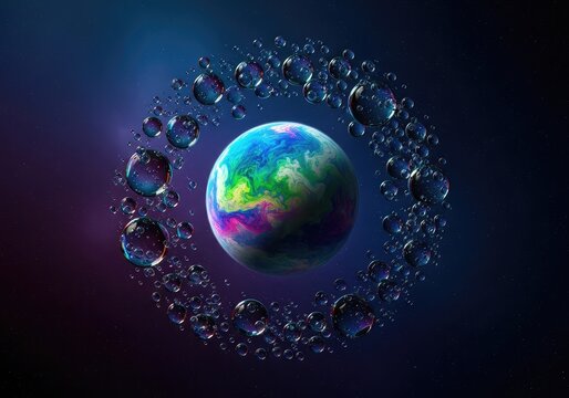 Abstract cosmic background featuring a vibrant planet orb surrounded by glowing glass bubbles and iridescent spheres in deep space ether, cosmic, orb, glass