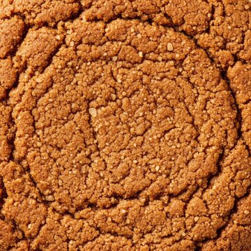 Close-up macro view of a rustic gingerbread cookie surface showing a grainy cinnamon brown texture with fine spice specks and warm tones, pattern, rustic, texture