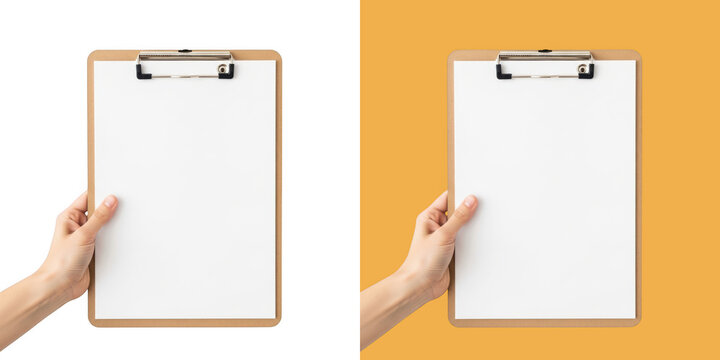 Person holding wooden clipboard with blank white paper