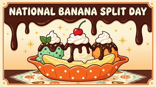 National Banana Split Day retro cartoon illustration with melting chocolate border