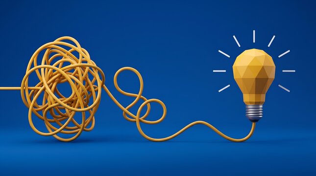 Creative Problem Solving Concept Resolving Tangled Wire into Glowing Light Bulb for Innovative Business Solutions