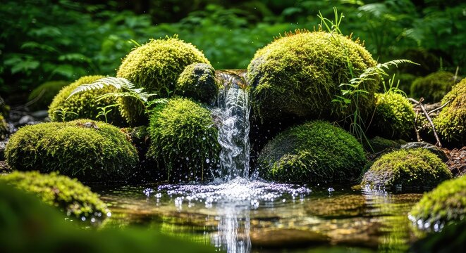 Pristine spring water bubbles up from mossy rocks in a lush forest, symbolizing natural purity and the revitalizing essence of raw life, green, mountain, rocks