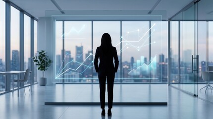 Fototapeta premium Businesswoman viewing financial growth charts on glass window, corporate strategy, market analysis, investment success, economic trends and future business planning in modern
