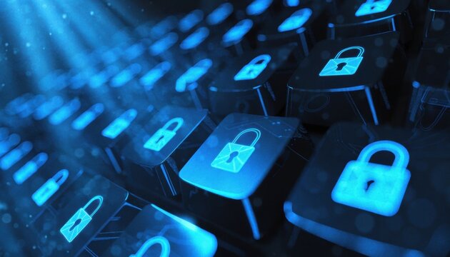 Glowing blue padlock illuminate a keyboard security