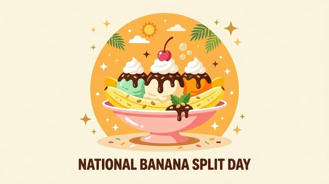 National Banana Split Day cute cartoon banner design with sun background