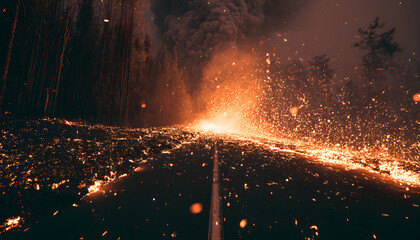 Fototapeta premium Volcanic eruption at night near dark asphalt road. Hot lava flows, bright fire sparks cover highway surface. Dangerous natural disaster destroys pavement. Glowing magma smoke rises above forest