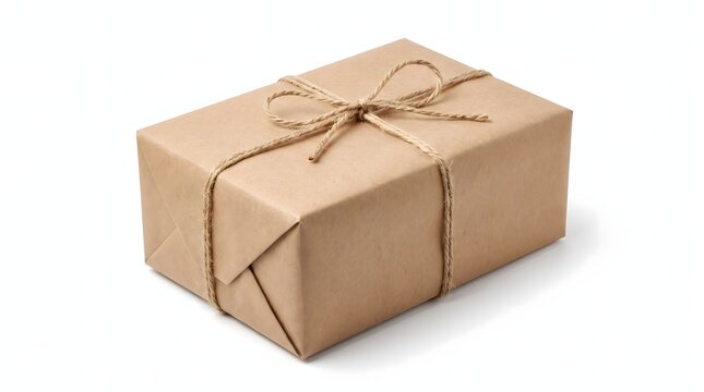Rustic gift box wrapped in brown kraft paper with jute twine ribbon.