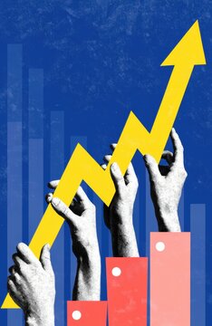 Multiple hands holding a bright yellow upward trending graph against a blue background