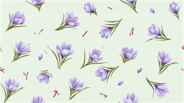Tiny ditsy seamless pattern featuring delicate violet saffron crocus flowers, slender green leaves and scattered red saffron threads on a pale mint background