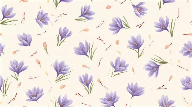 Delicate seamless saffron crocus pattern with miniature lavender flowers, fine green foliage and scattered red saffron stigmas on a warm ivory cream background