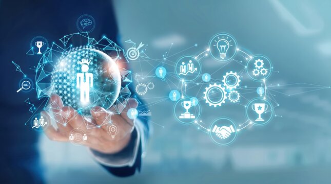 Hand holding glowing digital globe surrounded by network of business icons representing leadership, innovation, teamwork and success, global connectivity and strategic partnership