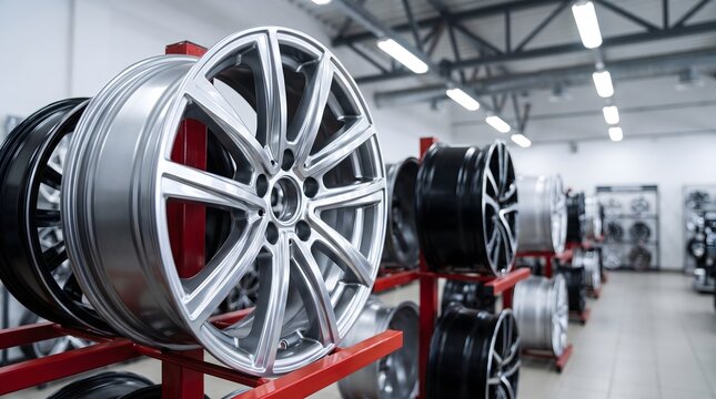 Silver alloy car wheels on red display racks in automotive showroom.