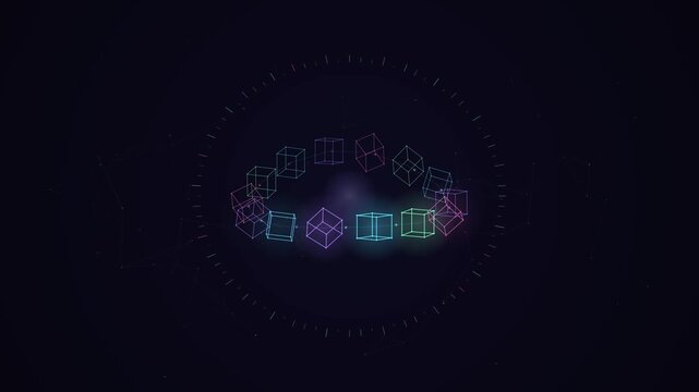 Futuristic neon geometric cubes rotating in a circle, digital technology abstract background, glowing wireframe 3D shapes