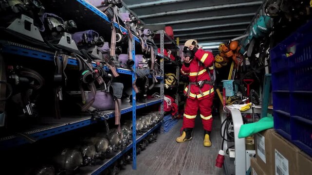 Firefighters are putting on protective gear and breathing apparatus in the emergency rescue equipment storage area, preparing to enter the firefighting zone