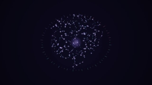 Futuristic digital brain animation, glowing neural network of connected particles, artificial intelligence concept on dark background