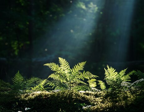 dark natural background with green plants in a ray of light against a dark forest backdrop