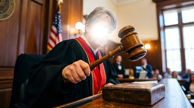 A judge in a courtroom holding a wooden gavel, symbolizing justice and legal authority